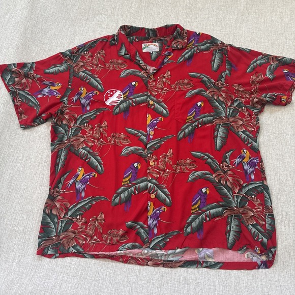 Red Tropical Parrot Print Men's Shirt - Picture 1 of 9